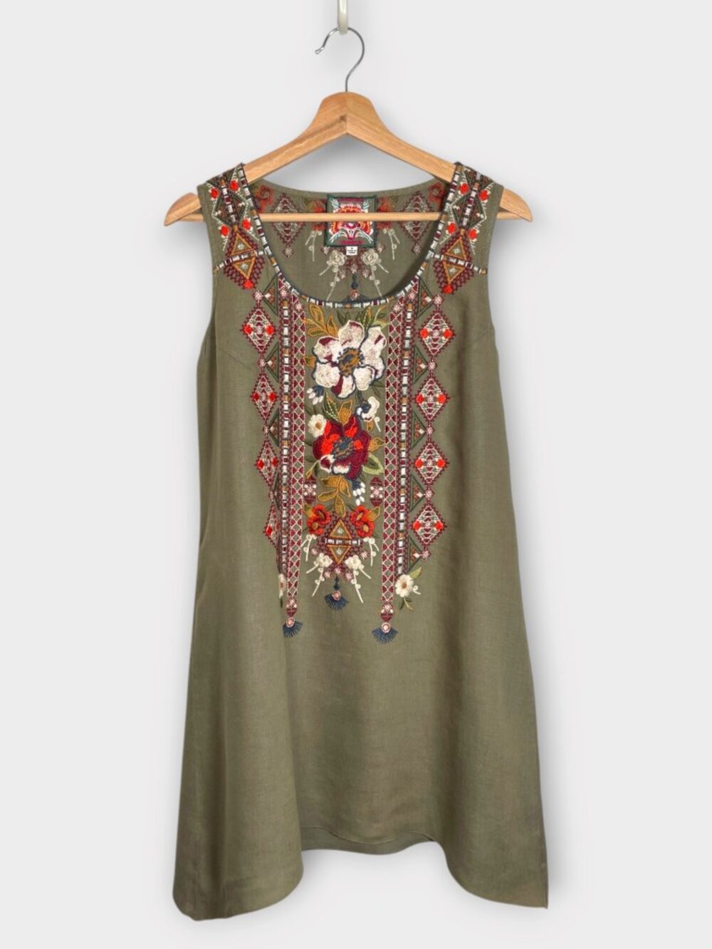 JOHNNY WAS 100% Linen Embroidered Floral Boho Sleeveless Tunic Or Dress S